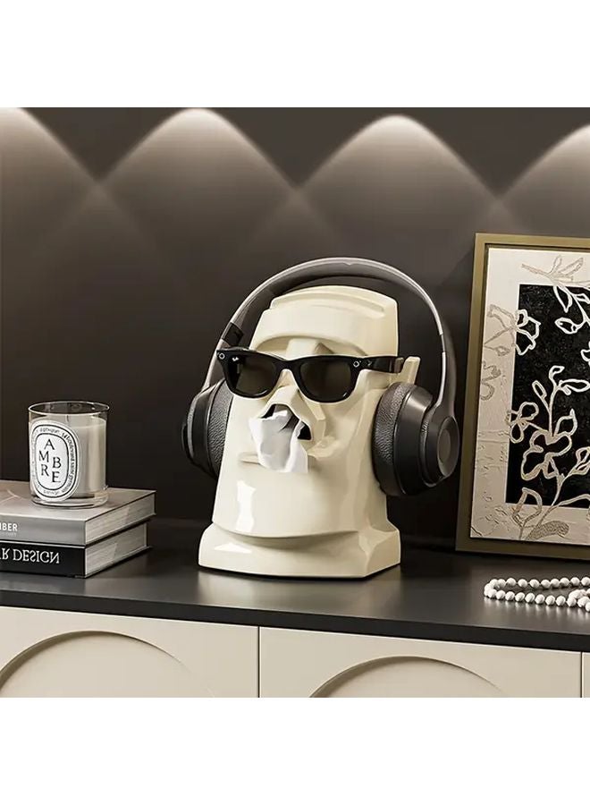 حامل سماعات الرأس القديم الكريمي الأبيض وصندوق المناديل المدمج متعدد الوظائف بتصميم حجري منظّم - Image 1